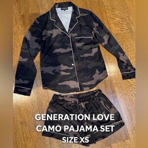 Generation Love Camo Pajama Set XS Satin Button Down Top + Shorts Luxury Lounge